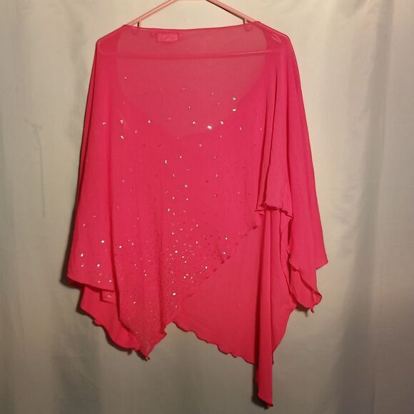 Hot Pink Embellished Sheer Poncho Blouse – Rhinestone Sparkle Asymmetrical Hem - Picture 4 of 4